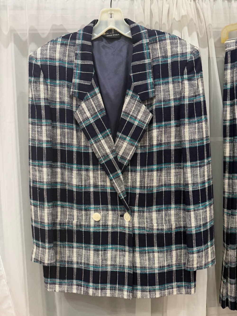 Ford Navy Plaid Double-Breasted Blazer with Teal Accents Skirt Set